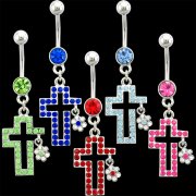 Multi-Jeweled Cross w/ Flower Navel Rings <B>($1.65 Each)</b>